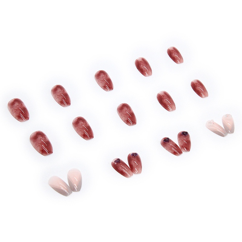 24pcs / Kotak Kuku Palsu Warna Merah Aksen Berlian Imitasi Untuk Dekorasi Nail Art