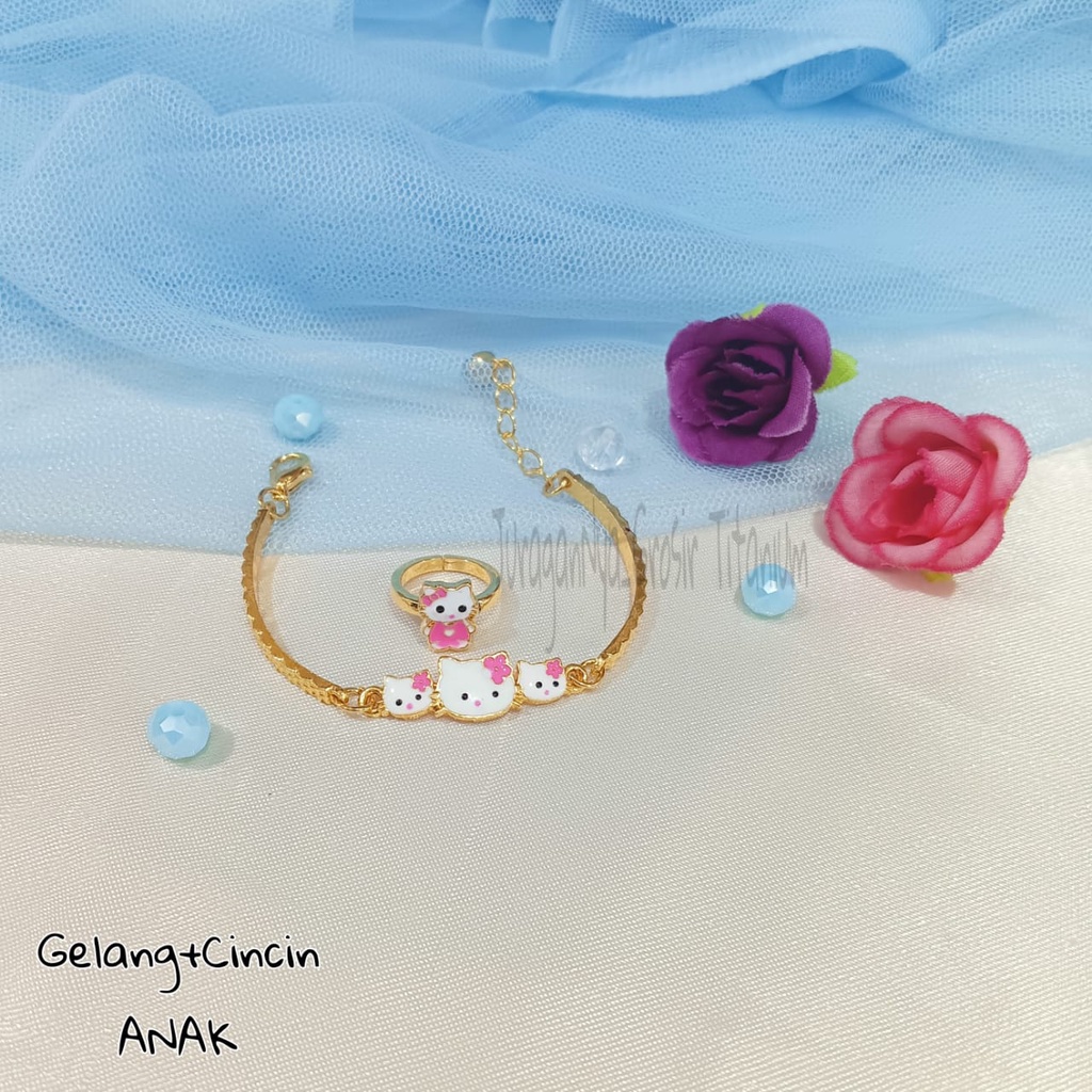 GELANG+CINCIN ANAK HELLO KITTY TITANIUM RANTAI MEWAH ANTI KARAT&amp;ANTI LUNTUR