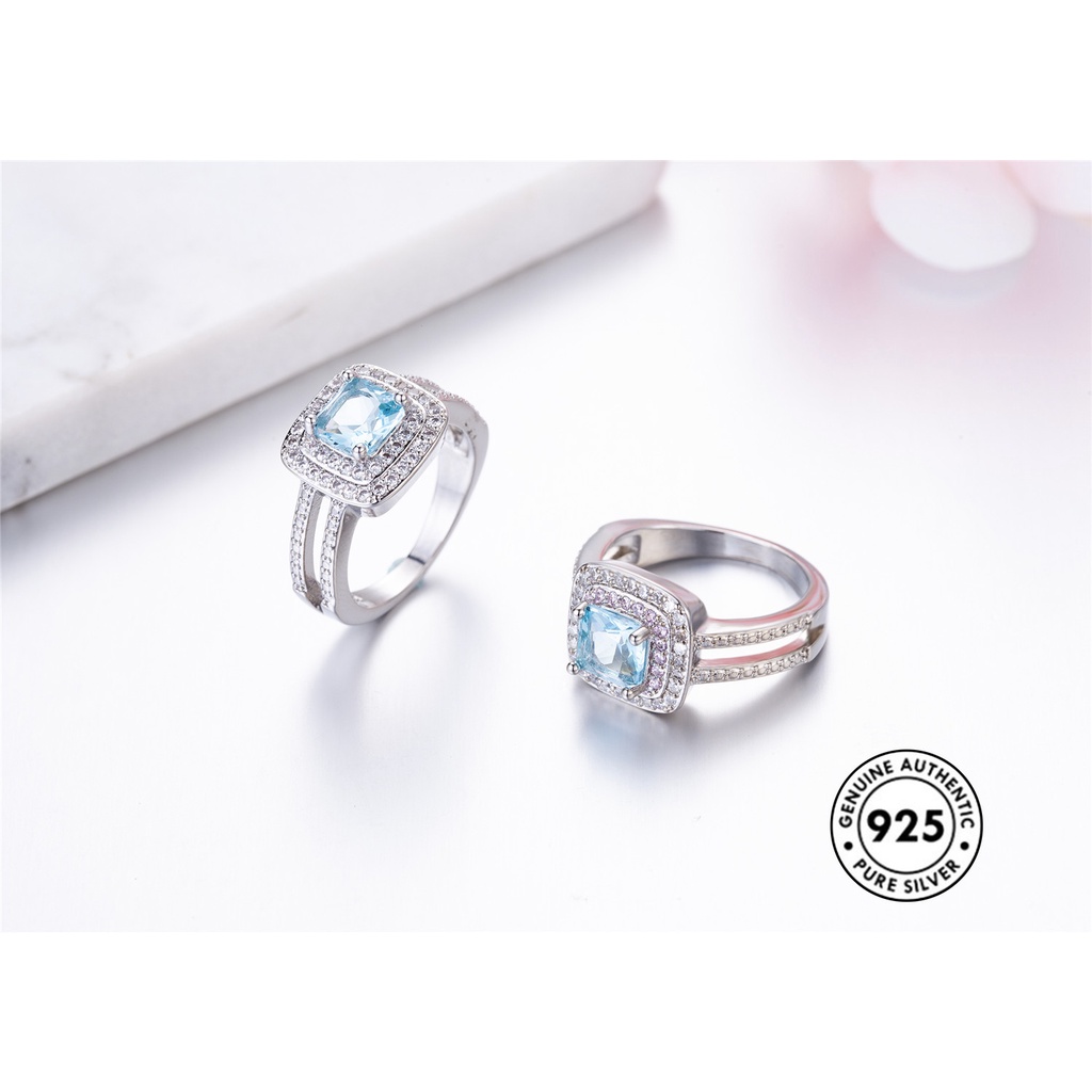 Cincin Silver S925 Hias Batu Permata Biru Laut Gaya Elegan Untuk Wanita