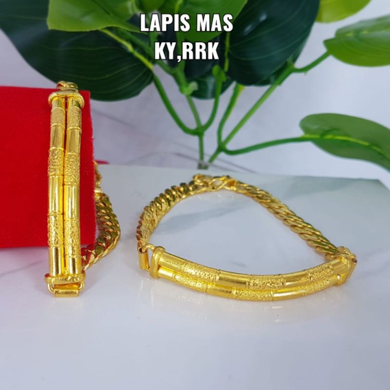 Gelang bambu replika mas 24k dan titanium lapis emas, Kristal ,awet,bisa disepuh,persis seperti aslinya