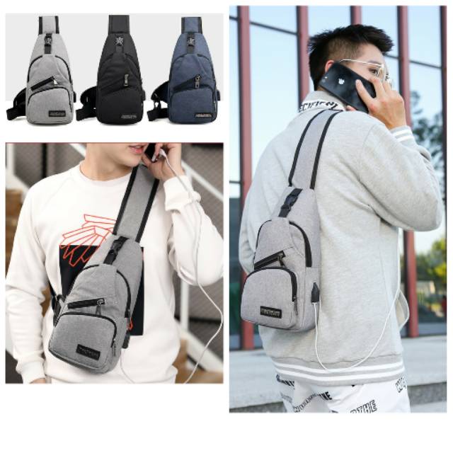 Tas Selempang USB charger HP Best Seller Sling Bag untuk di dada dan bahu IMPOR PREMIUM QUALITY