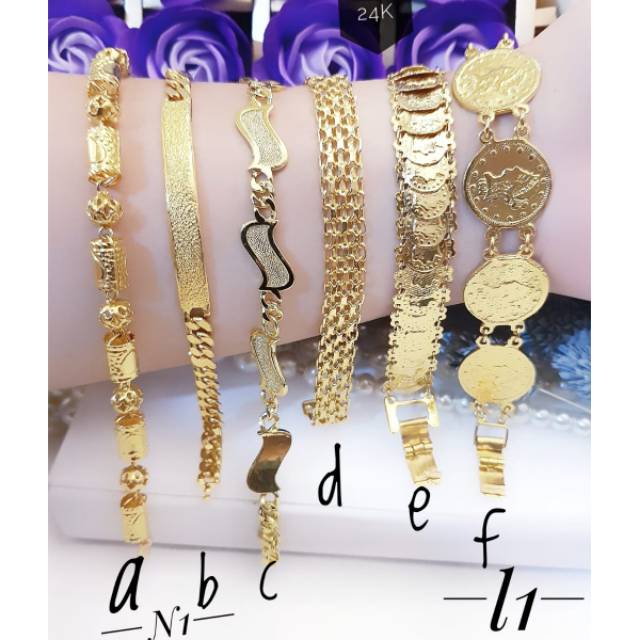 Set Perhiasan Lapis Emas 24 Karat Xuping Gelang Rantai Koin Krepyak Permata Gold Mewah Titanium Asli