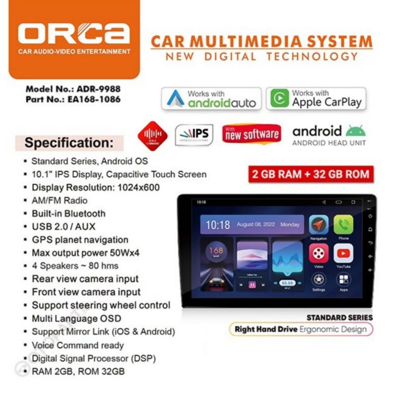 Head Unit Android 10 &quot; inch ORCA ADR 9988 NEW SERIES CARPLAY PAJERO SPORT