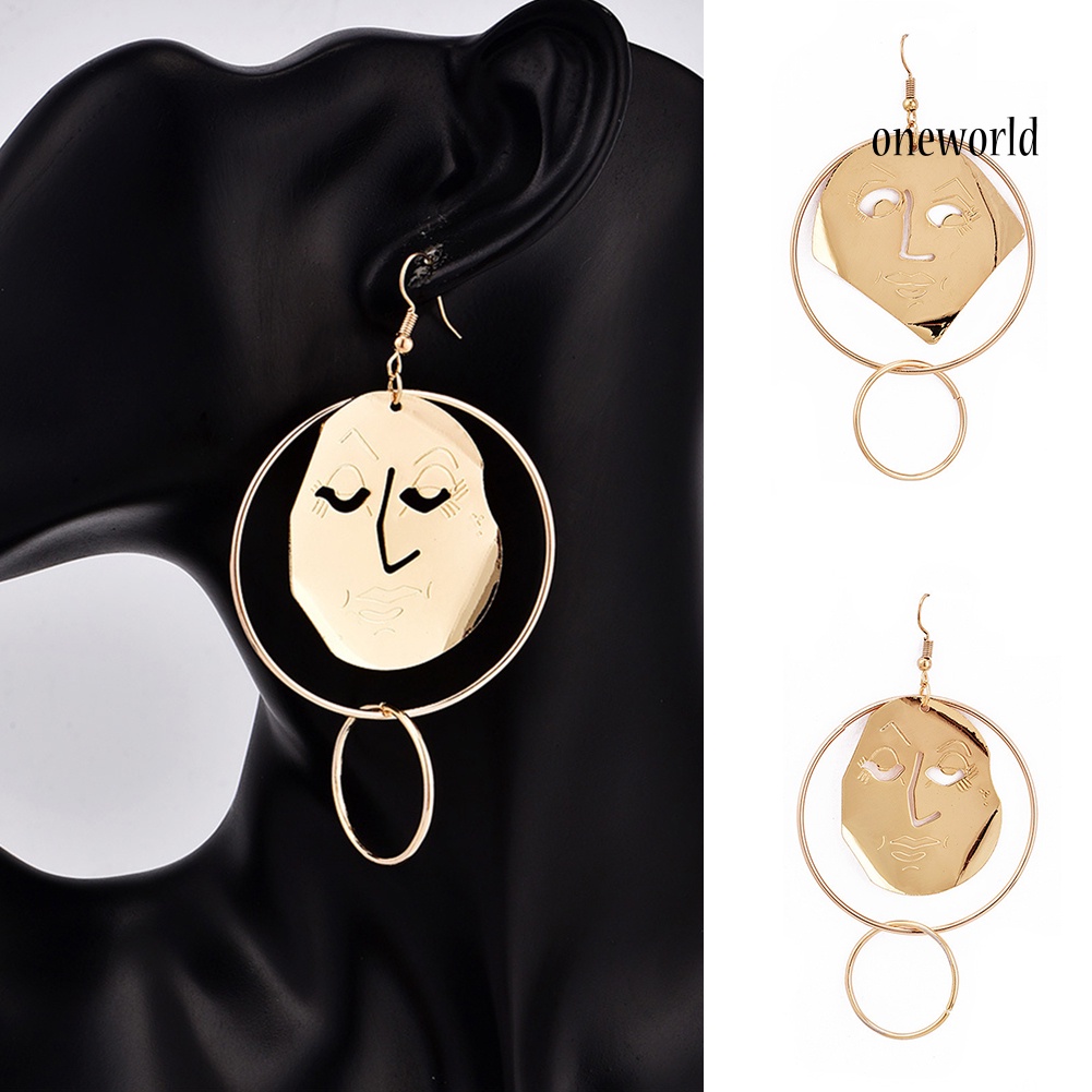 OW@ Fashion Carving Asymmetric Human Face Hoop Women Hook Earrings Jewelry Decor