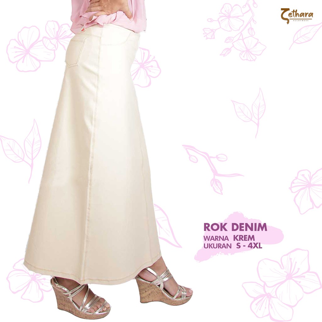 Rok Denim Zetha Krem Wanita Panjang Size Kecil-Besar