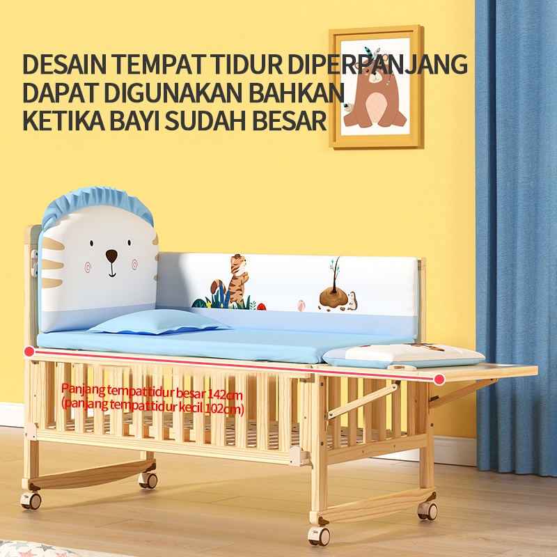 Tempat Tidur Bayi Kayu Kasur Baby Set Kelambu Bayi Box Ranjang Bayi Kayu Tempat Tidur Ayunan Multifungsi 0-6Tahun