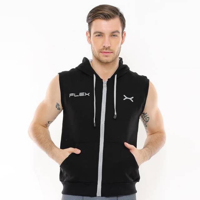 FJS-004HT Jaket sleeveless hoodie sport fitness FLEX hitam