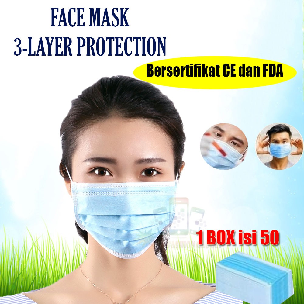 3Ply 50Pcs Masker Mulut SERTIFIKAT CE/FDA Sekali Pakai 3 PLY Anti Debu Anti Virus FACE MASK