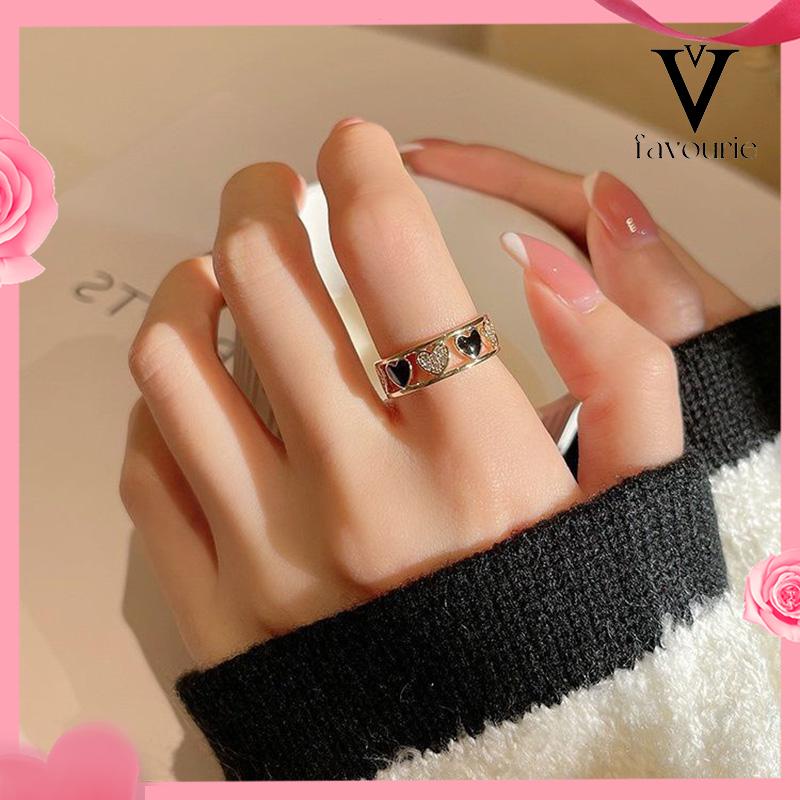 [COD]Cincin Ringan Mewah Hollow Keluar Berlian Imitasi Cinta Chic Advanced Adjustable Cincin Wanita-FA