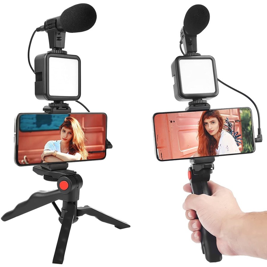 TRIPOD AY-49 VIDEO MAKING KIT MIKROFON + LAMPU LED VLOGGING AY49 PHONE HOLDER