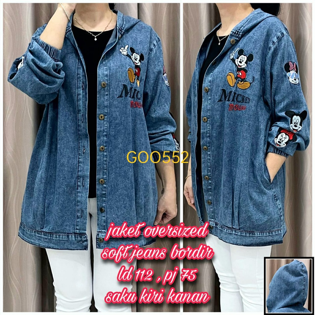 GOO552 Jacket Jaket Wanita Oversized Jeans Denim Kancing Mickey Minnie Mouse Ujung Lengan Karet Kanc