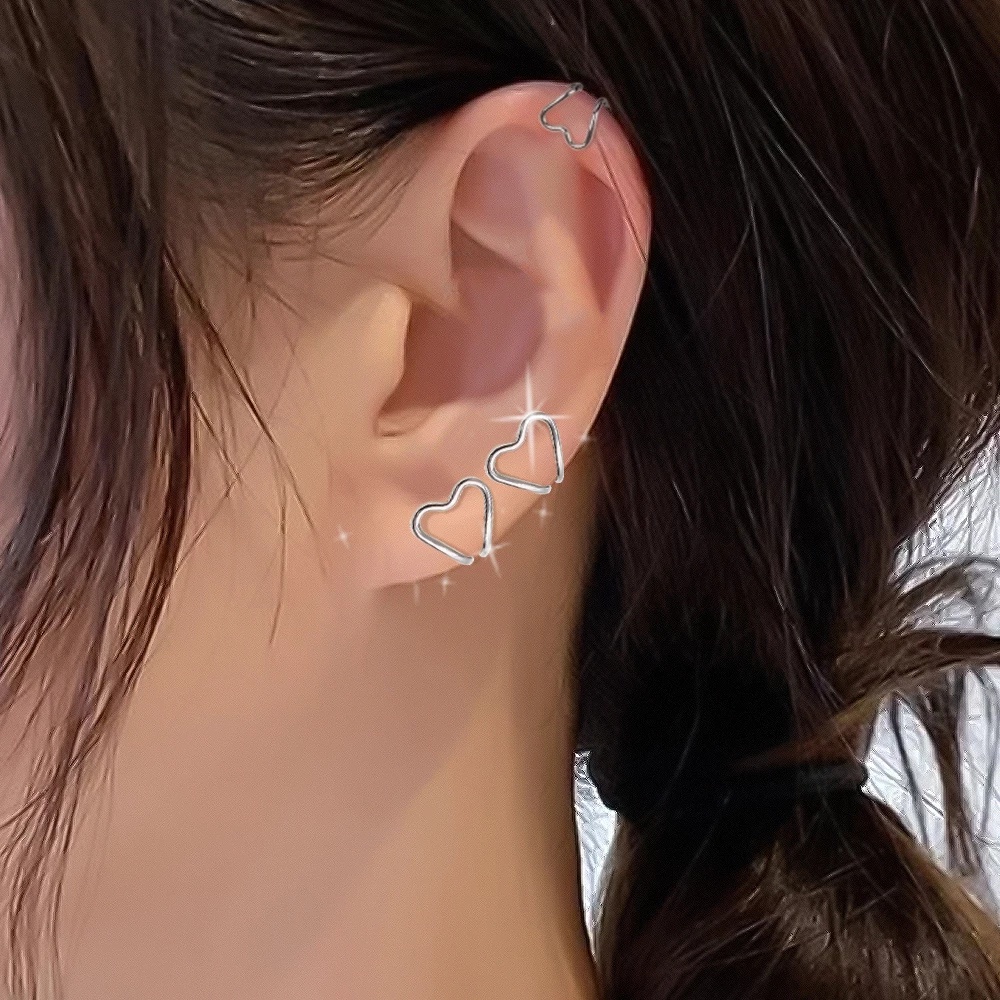Anting Klip Tulang Telinga Bentuk Hati Ganda Warna Silver Gaya Korea Untuk Wanita
