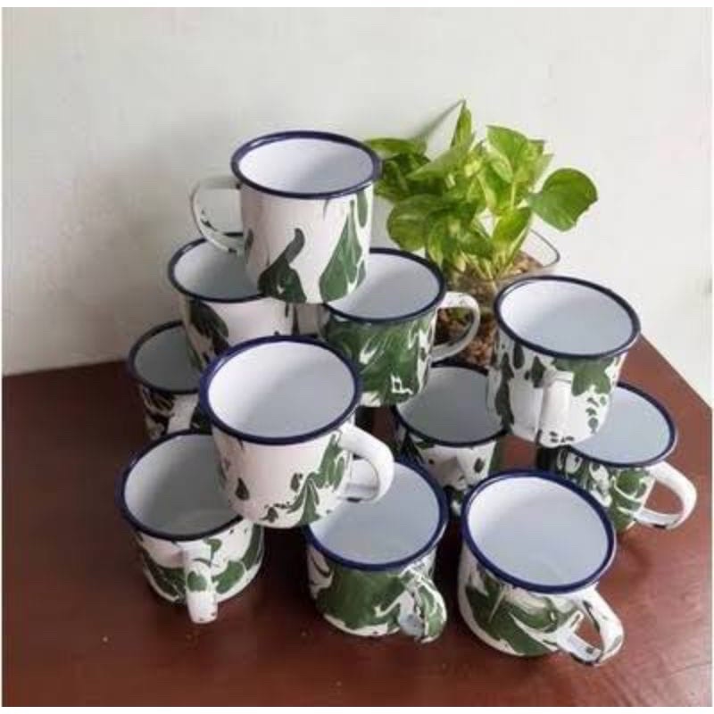 Mug Enamel + Tutup motif Blirik/Gelas jadul Blirik + Tutup