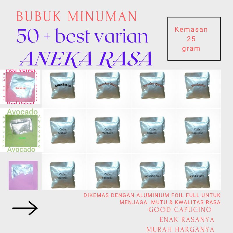 

Bubuk Minuman Rasa kemasan 25 gram Varian coklat kopi Buah tea milk dan cake