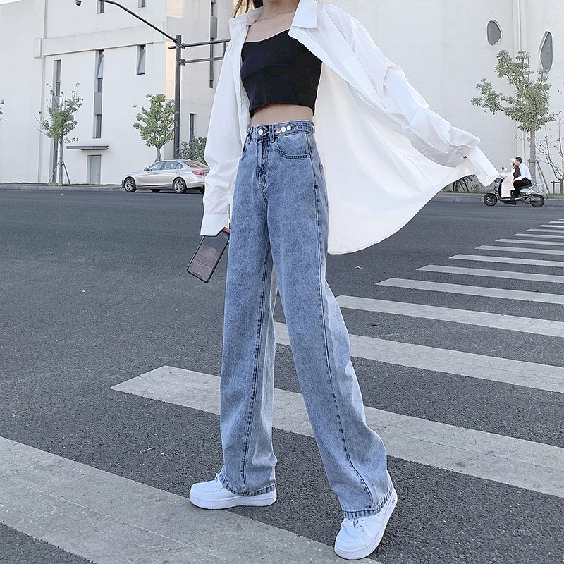 Jeans longgar pinggang tinggi wanita Korea dengan warna biru muda