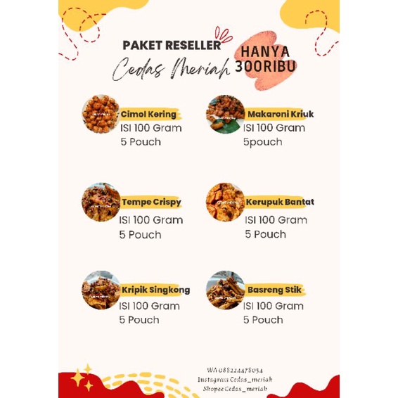 

PAKET RESELLER CEDAS (7 MENU ISI 70GRAM) HARGA SUDAH TERMASUK POUCH