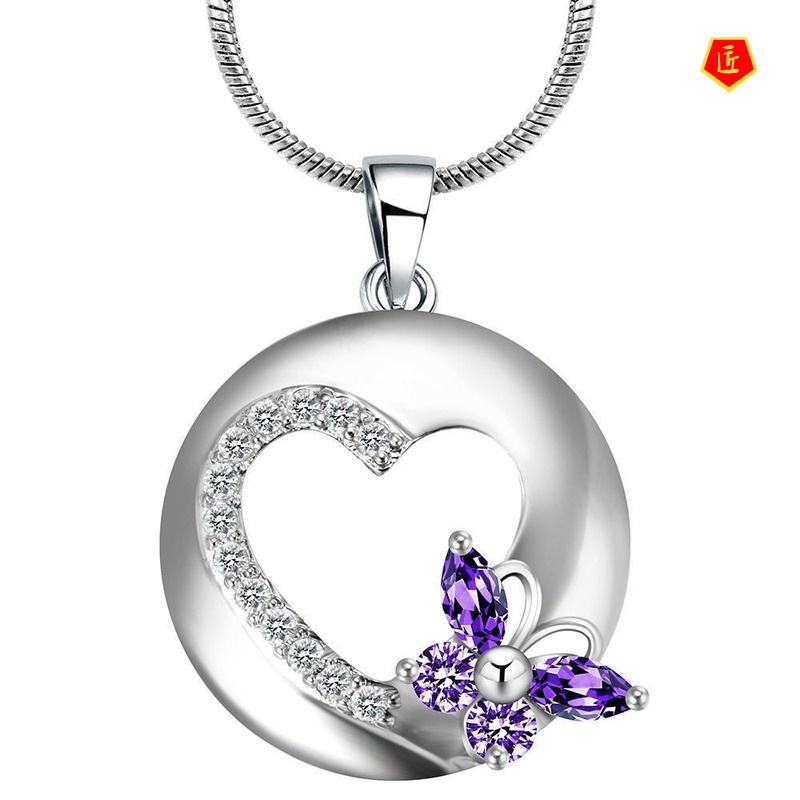 [Ready Stock]Bow Heart-Shaped Pendant European and American Fashion Inlaid Amethyst Necklace