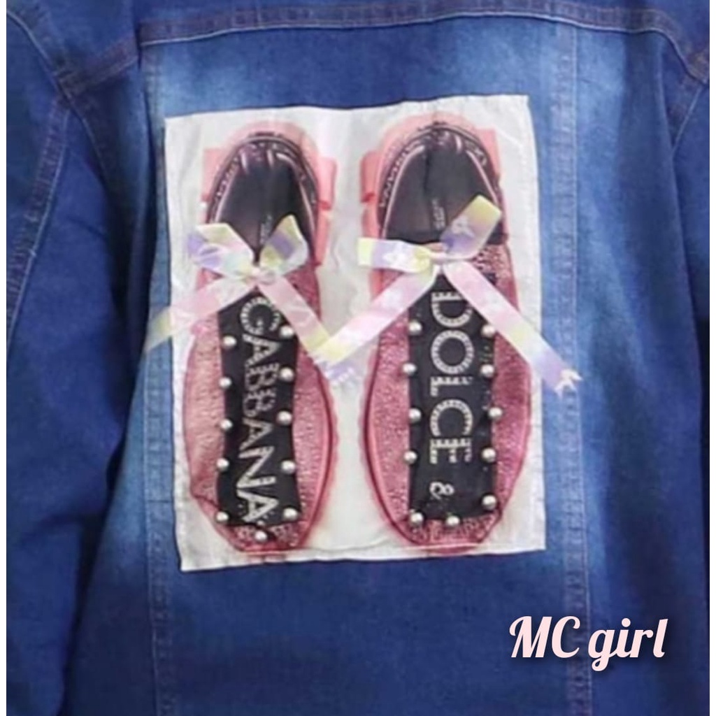 MC girl - Jaket Jeans Rumbai Gambar Sepatu 3D Wanita / Jacket Lepis Rawis Gambar Pita Belakang Sequin Cewek / Jaket Denim Biru Tua Size XXL