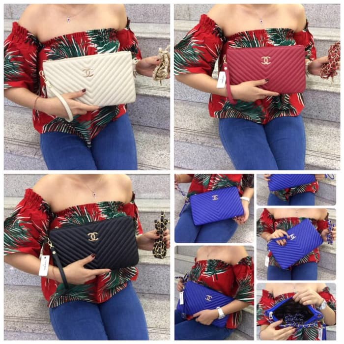 EDISI TERBARU TAS PESTA CHANEL CLUTCH CEVRON SELEMPANG BATAM - HITAM KEKINIAN