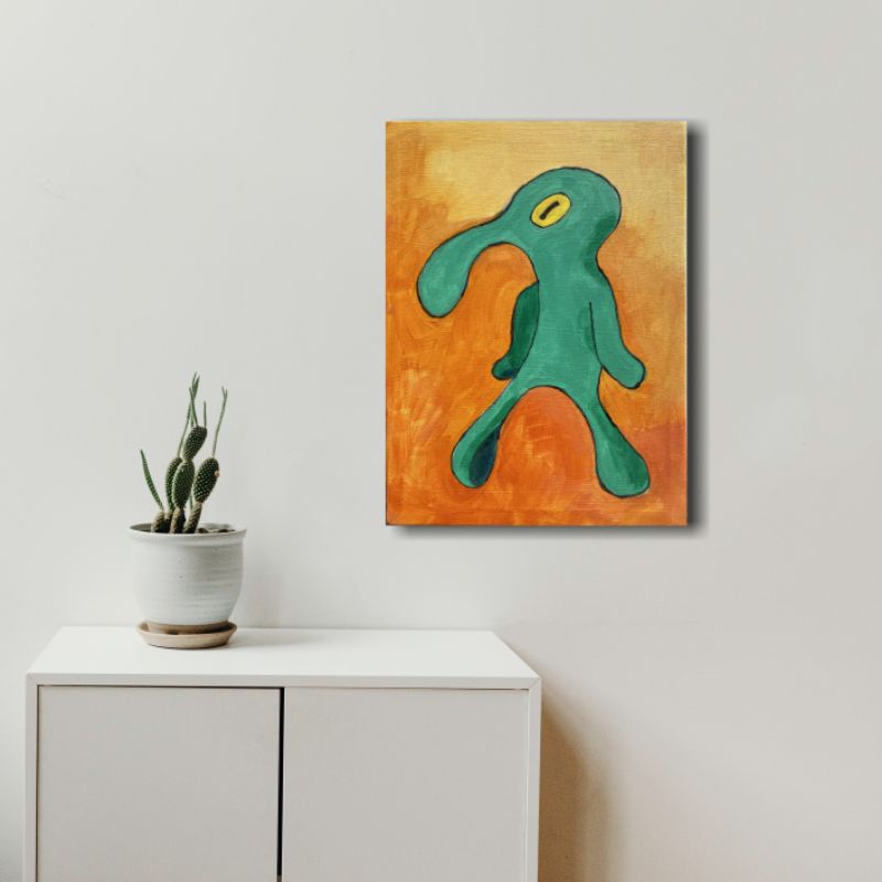 Lukisan Squidward Tampan dan Berani Original Handmade Cat Akrilik Kanvas