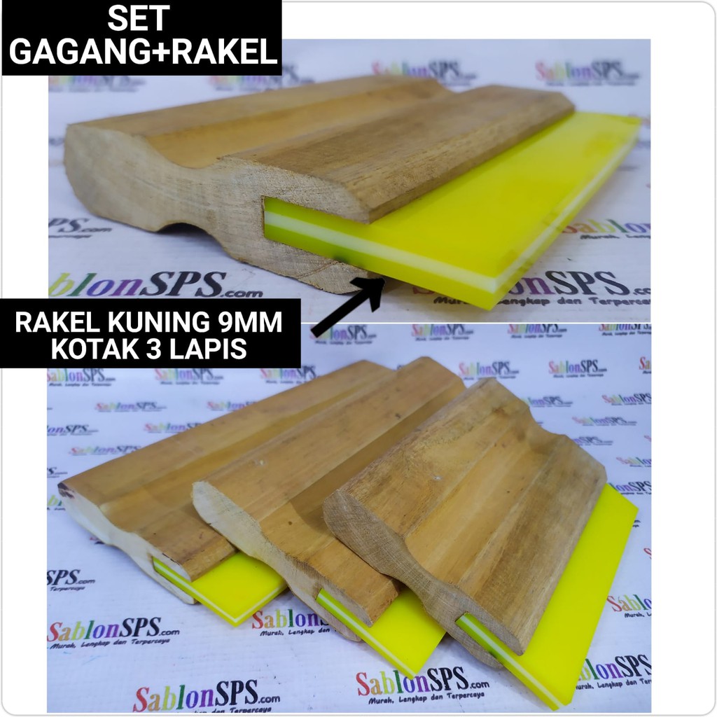 RAKEL SABLON PLASTISOL KUNING 3 LAPIS KOTAK 9X50MM SET GAGANG KAYU P. 25CM