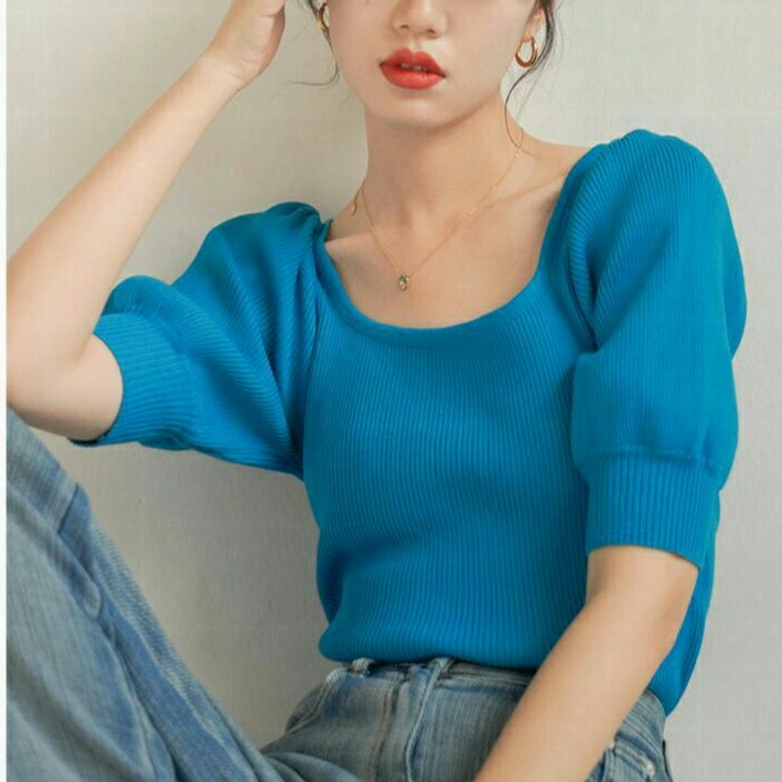 5967 Baju atasan blouse puff top lengan balon rajut wanita baju atasan blouse rajut cewek import