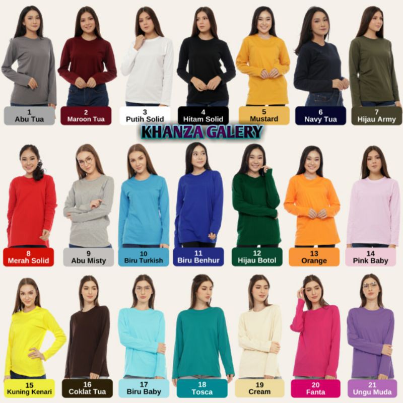 Kaos Polos Wanita Lengan Panjang Unisex Bahan Adem Cotton Combed 30s Warna Merah Fanta / Ungu  Putih