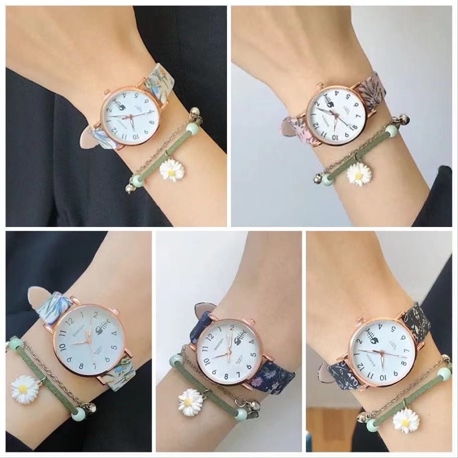 ✅Grosir Jam Senen - Jam Tangan Wanita Gaya Korea Strap Pu Bunga Motif Tulang Ikan Fashion Quartz Analog Import