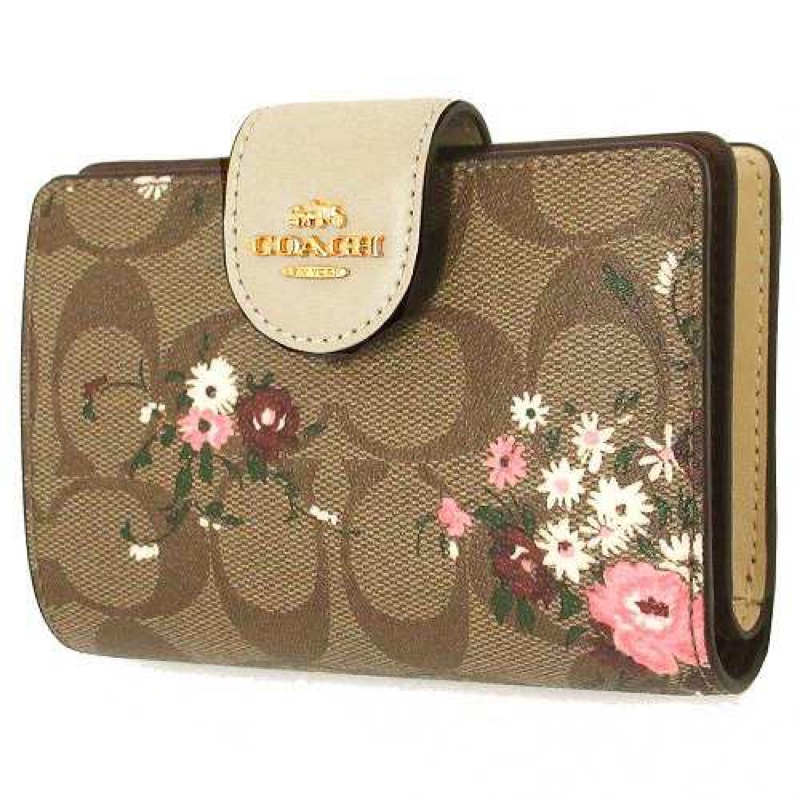 Coach Medium Corner Zip Wallet In Signature Canvas Brown Flower (3773)