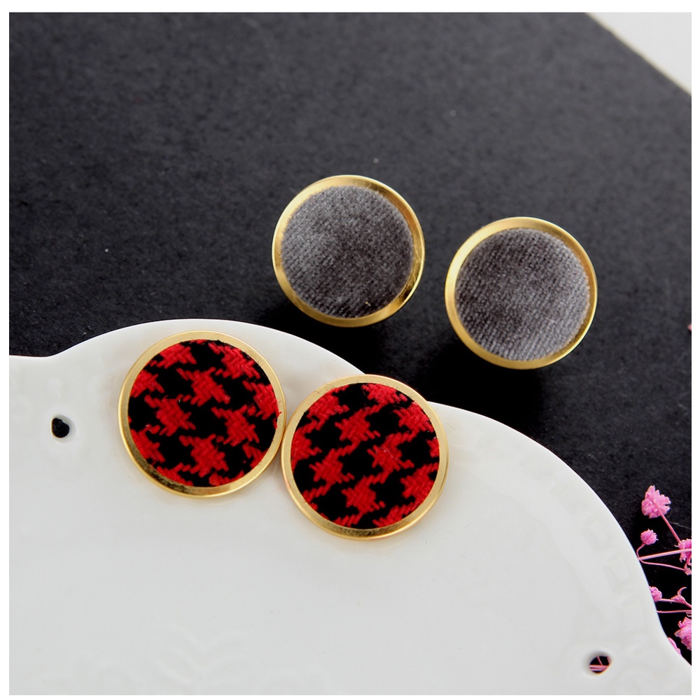 Jepang dan Korea bulat multi warna houndstooth corduroy beludru bulat Kotak-kotak anting-anting Kore