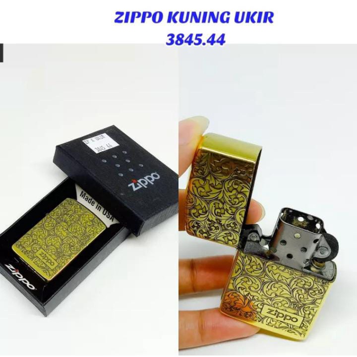(FREE BOX) Korek Api Zippo Gold Premium Motif Bunga Ukir Logo 3845.44 Original Made In USA / Korek Z