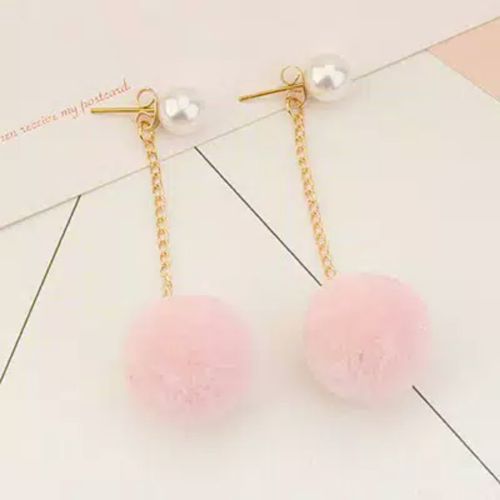 Anting Tusuk Wanita Kekinian Korea Style Model  RantaiI  Mix Bola Pompom MISS  101