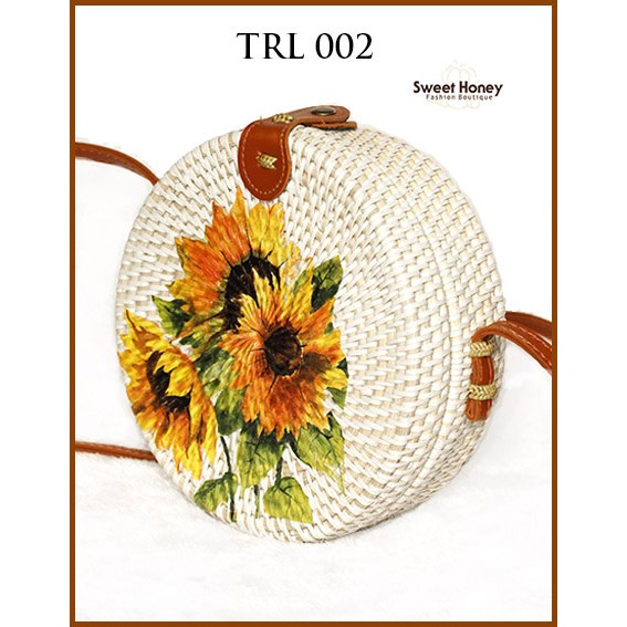Sweet Honey ~ Grosir Tas Rotan Bali Bulat Murah 20cm Lukis Motif Bunga Matahari Sunflower 002 [Bisa COD]