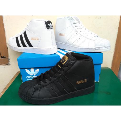 SEPATU ADIDAS SUPERSTAR HIGH WANITA FULL BLACK FULLBLACK PUTIH POLOS