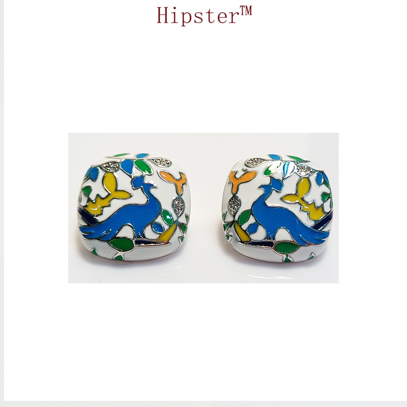 New Hot Fashion Classic Colorful Enamel Square Stud Earrings Painted Flower and Bird Stud Earrings