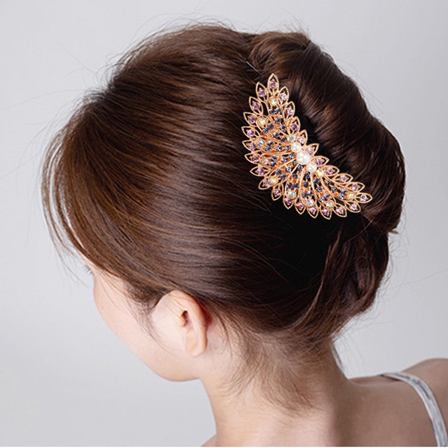 Sirkam rambut sanggul korea wanita premium kristal zirkon merak mode baru ori import