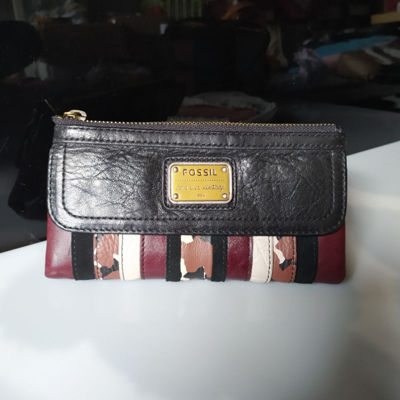 Dompet Wanita FOSSIL Emory Clutch Black Brown Patchwork Leather Original Long Wallet