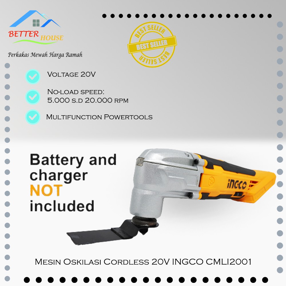 MESIN OSKILASI MULTIFUNGSI CORDLESS 20V OSCILATOR MULTICUTTER INGCO GARANSI RESMI UNIT ONLY CMLI2001