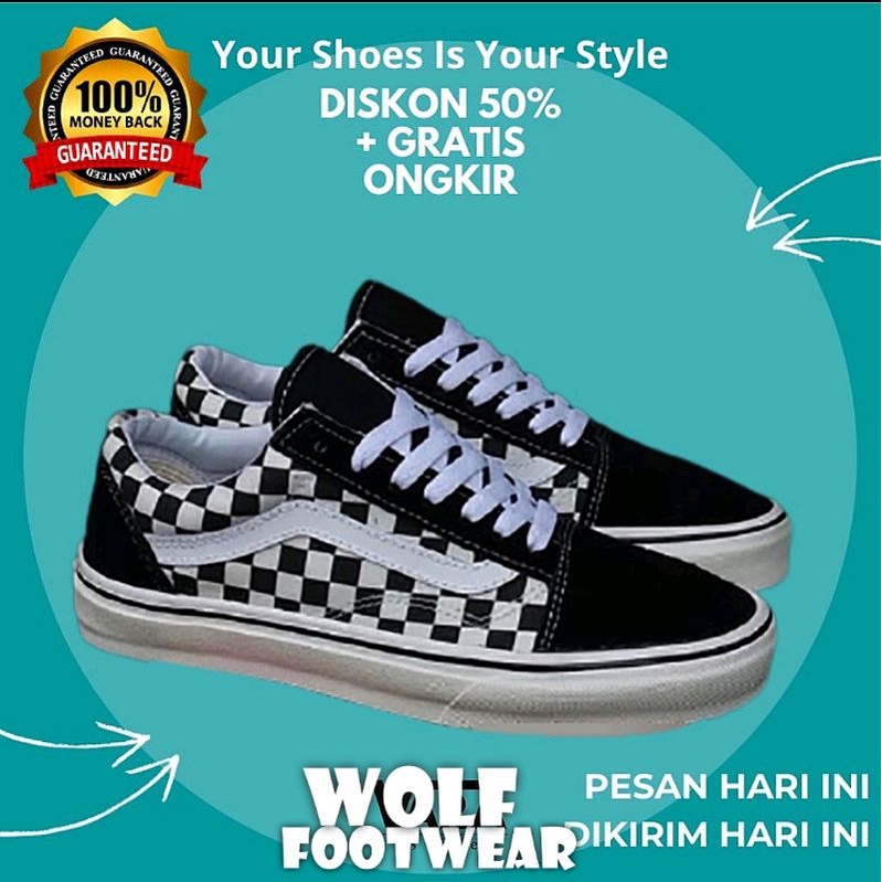 SEPATU WOLF X VANS AUTHENTIC FULL BLACK HITAM POLOS WHITE PUTIH OLDSKOOL ERA SK8-Hi  GUM OG CHECKERBOARD CATUR