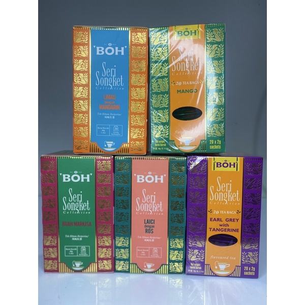 

BOH SERI SONGKET COLLECTION MALAYSIA TEH HITAM RASA LAICI LYCHEE ROSE MARKISA PASSION FRUIT EARL GREY TANGERINE TEH MINUMAN SNACK MALAYSIA