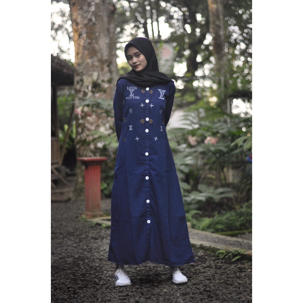 Baju Dress Gamis Levis Navy / Jean Wash Aksen Bordiran LV