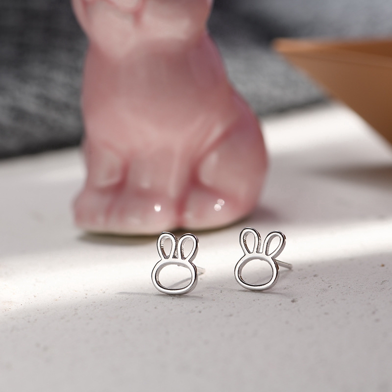 Anting Perak Kelinci Cute Rabbit Silver Earrings Hollow Simple Women Girl Ear Stud Jewelry Party Birthday Gifts