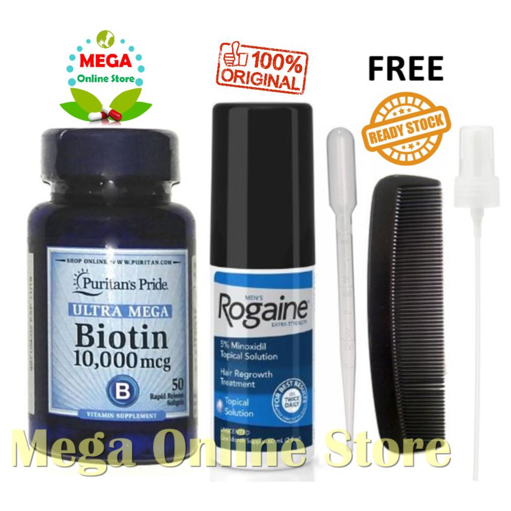 Paket Rogaine Men Minoxidil 60 ml + Puritan Biotin 10000 mcg 50 Softgels