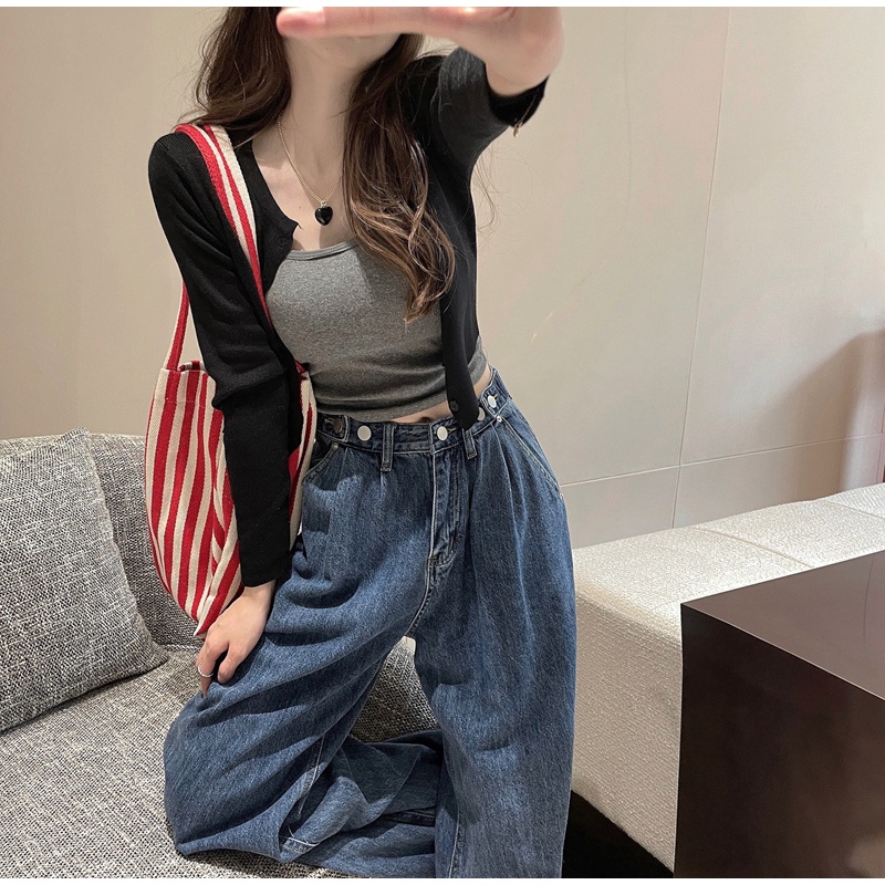 Celana Jeans Wanita Loose Kekinian Korean Style Boyfriend Celana Panjang Jeans Wide-legged High Waist Jens Kulot