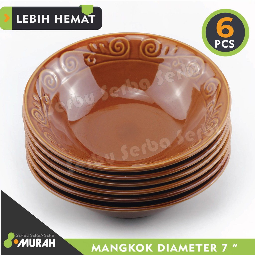 SERBU MURAH - SET 6 PCS - Mangkok KERAMIK LUCKY EMBOSS BUNGA 7"- Mangkok Cantik -  Mangkuk Kaca