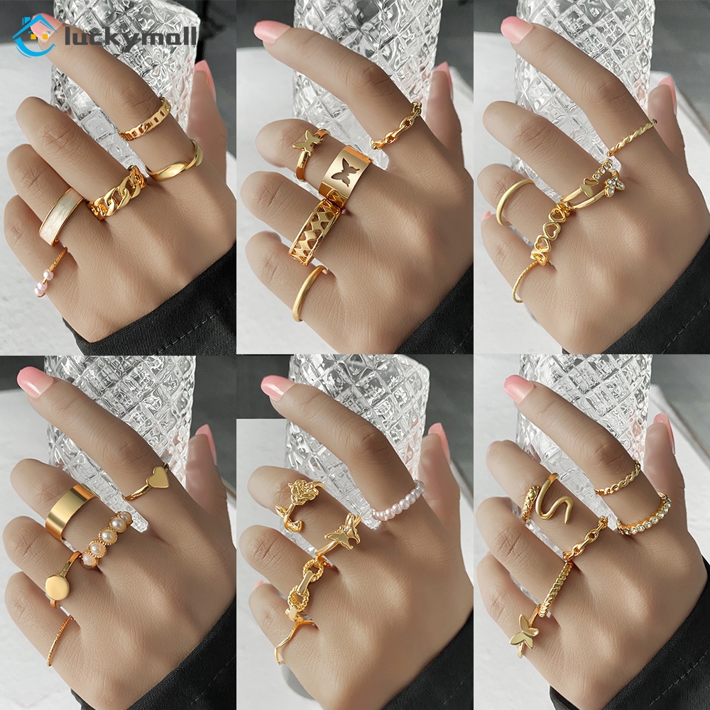 5pcs / Set Cincin Model Terbuka Desain Hati / Kupu-Kupu Hollow Hias Mutiara + Berlian Untuk Pria / Wanita Butterfly