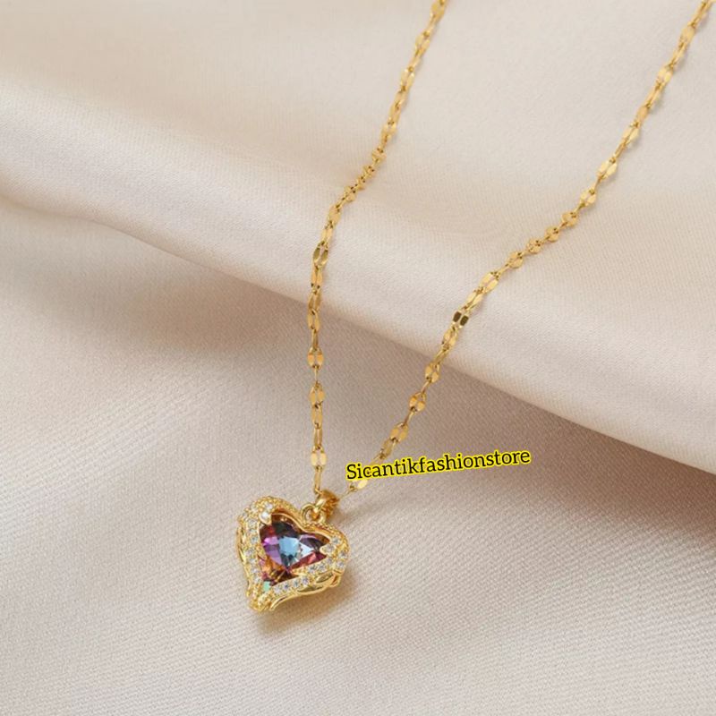 Kalung Wanita Titanium Liontin Love Permata Kristal 18k Gold  Anti Karat selamanya Kalung Titanium Wanita Terbaru Terlaris Mewah Liontin Love Kristal