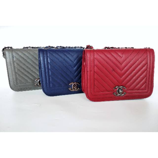 TAS SELEMPANG WANITA CC CHEVRON TALI RANTAI BLACKNEKEL