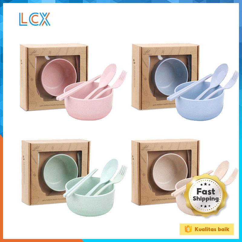 LCX 4pcs Peralatan makan rumah tangga kreatif jerami gandum Mangkuk plastik anti-drop gaya Jepang