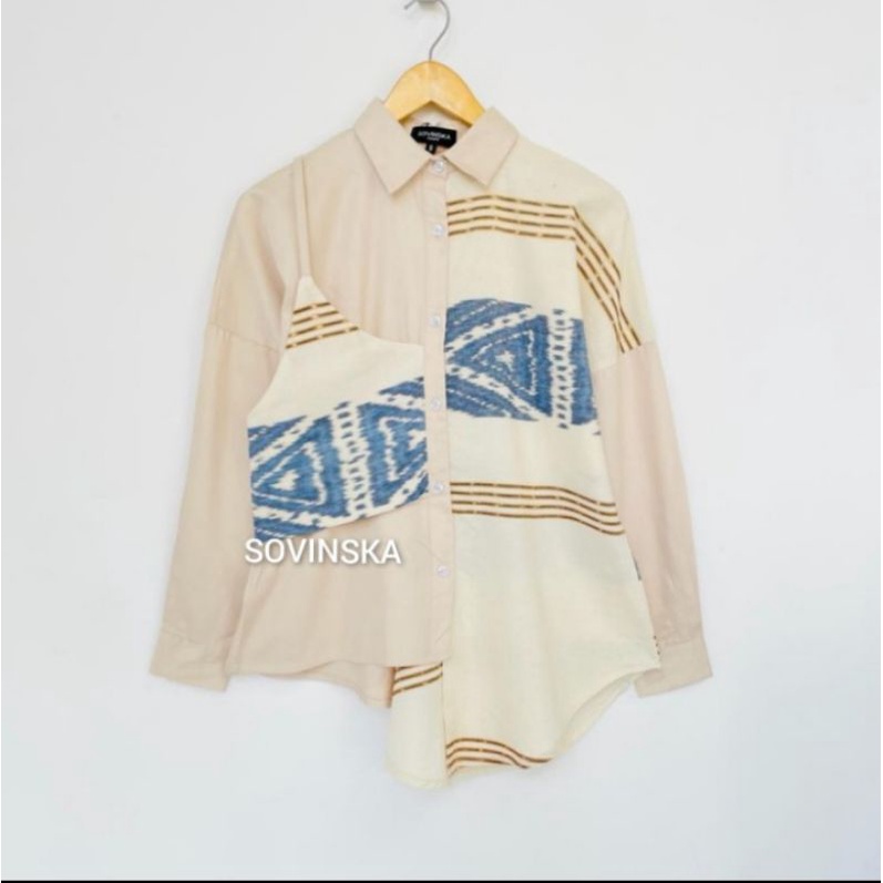 Atasan Tenun WP 1 Cream Blus Blouse Baju Kerja Wanita Motif Casual Lengan Panjang by Sovinska
